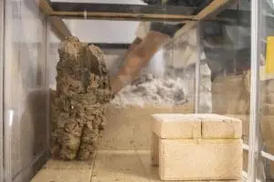 A log and a concrete block sit in a tank.