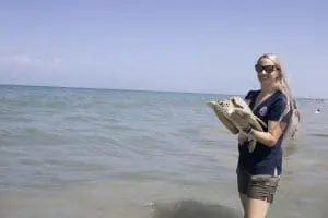 A woman holds a green sea turtle