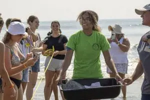 Nephron the green sea turtle is held by a Sea Turtle Healing Center staff member