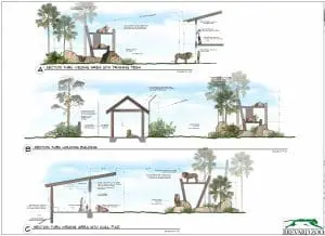 Illustrated lion habitat drawing with three different views of habitat