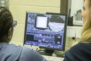 Two veterinary technicians observe a CT scan of a stingray. 