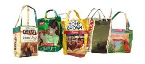 Five homemade tote bags made from old bags.