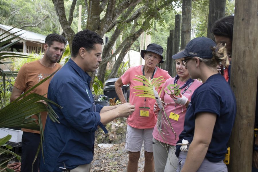 A man holds an orchid and describes its care to a group of people.