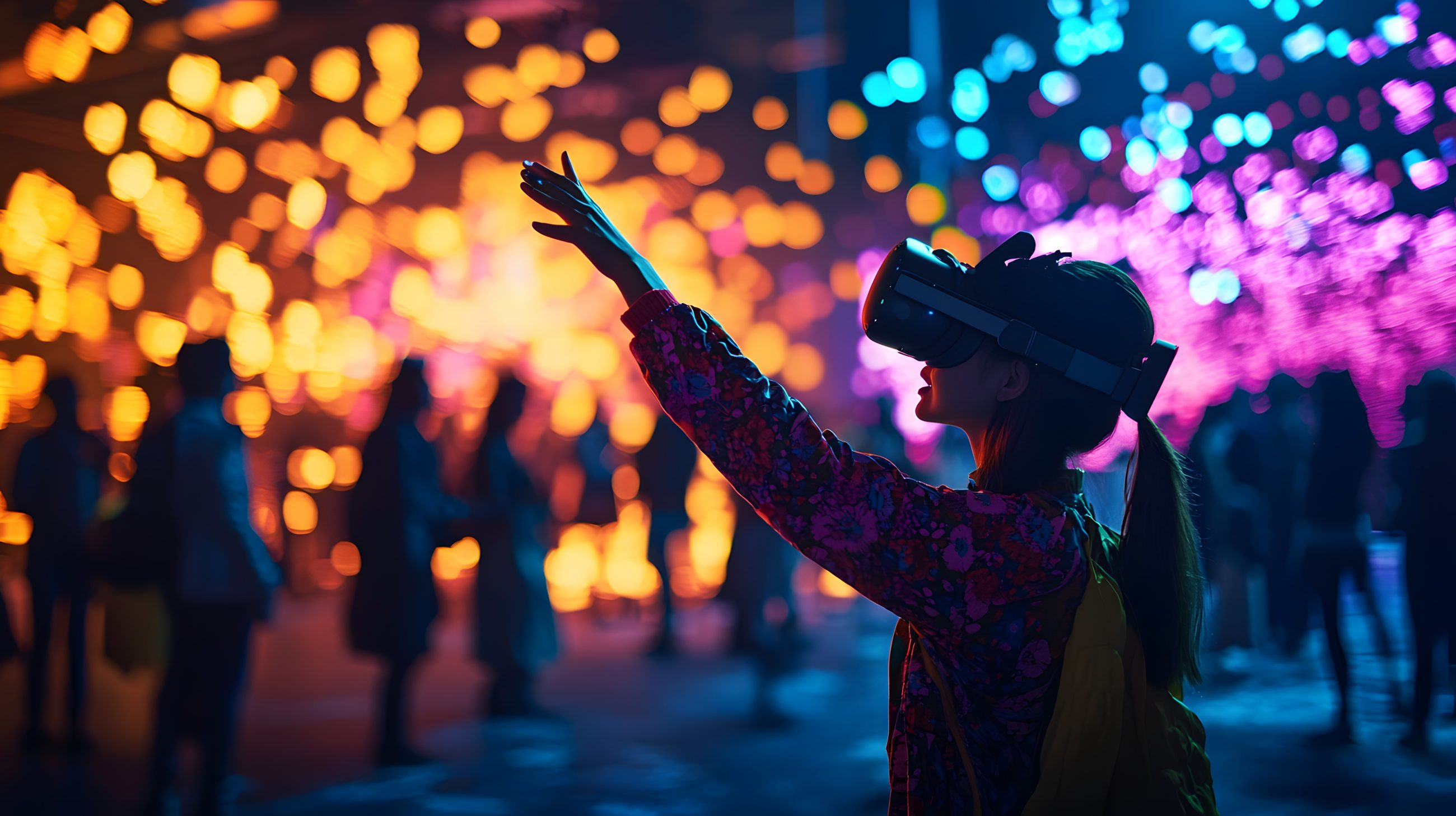 woman outdoors in a vibrant setting wearing a virtual reality headset